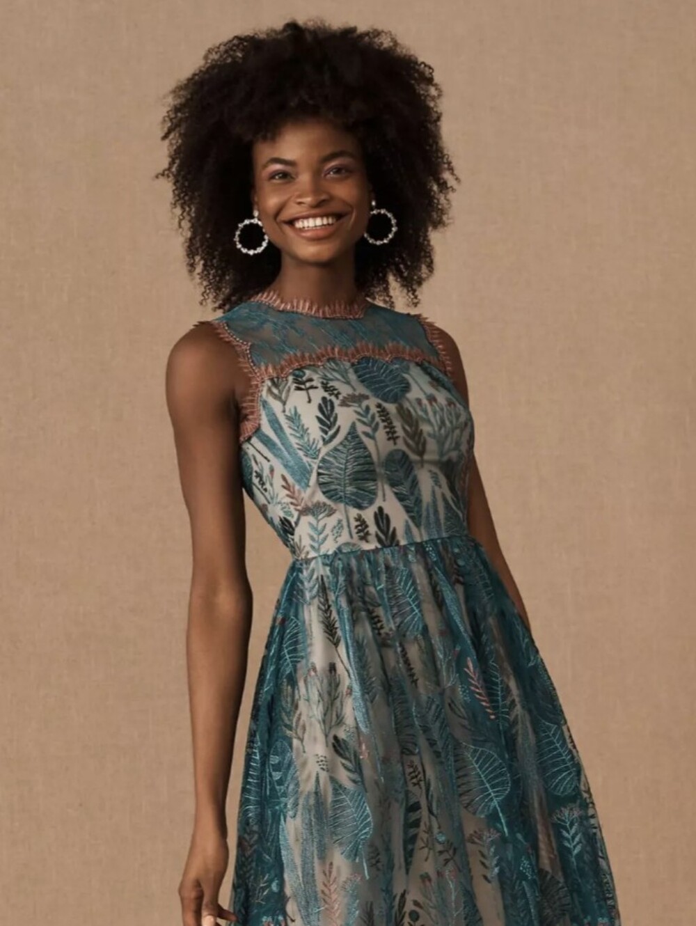 BHLDN Teal Leaf-Print Midi Dress
